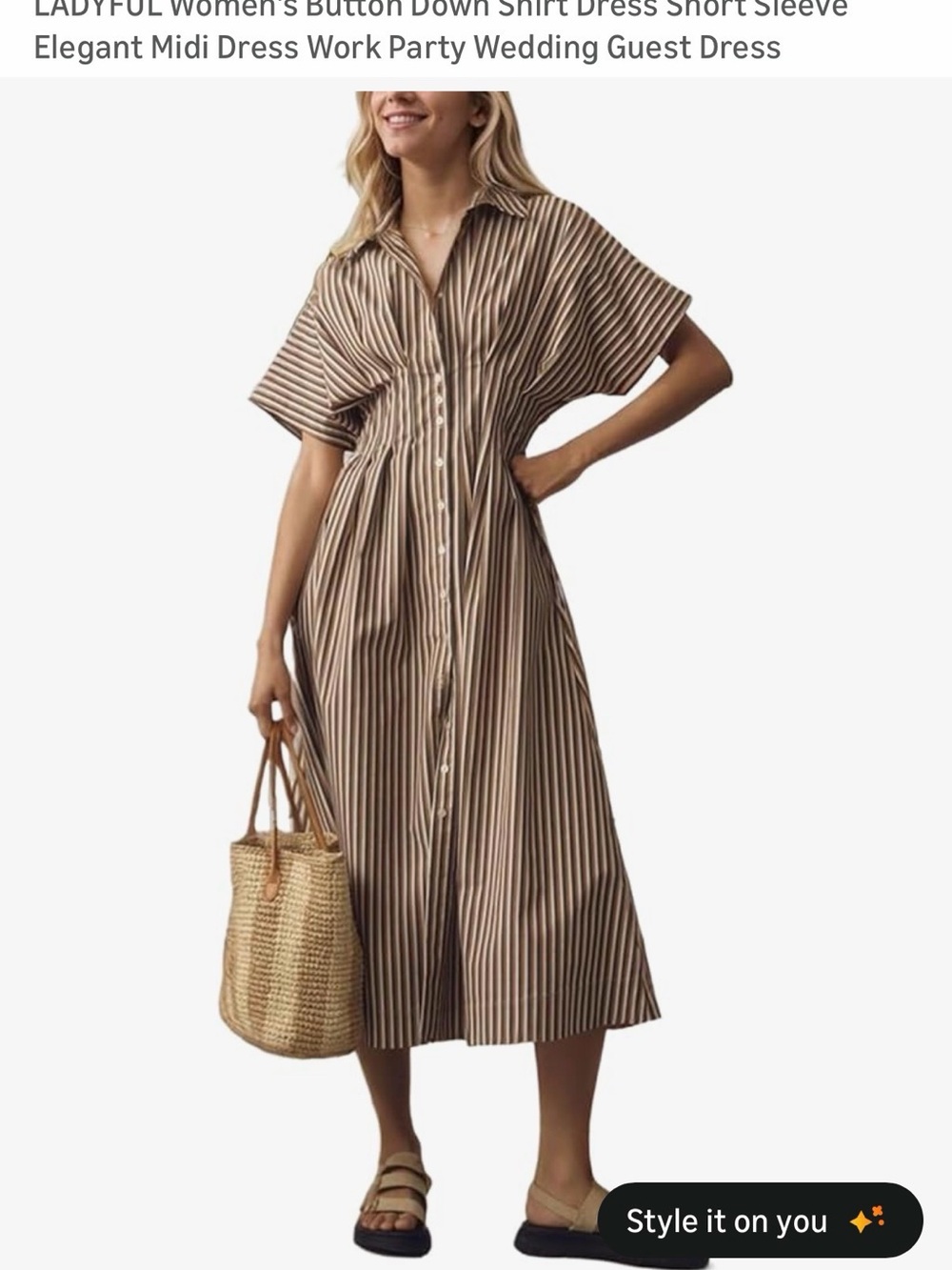 Striped Button-Down Midi Dress in Brown and Cream